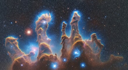Pillars of cosmic gas and dust glow with stellar light.