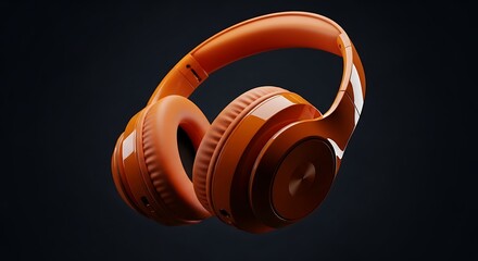 Glossy orange headphones float on a dark background.