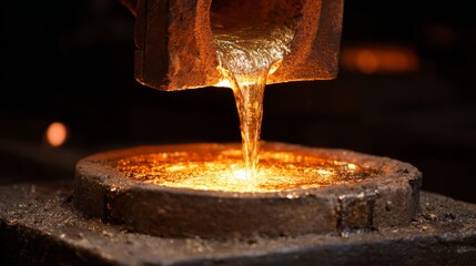 Molten gold pouring from a crucible, a vivid abstract display of flowing liquid metal.