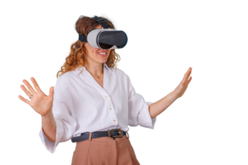 Woman experiencing virtual reality metaverse, future technology, digital simulation, smiling while interacting with cyberspace