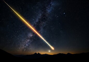 Bright meteor streaks across the starry night sky over mountains.