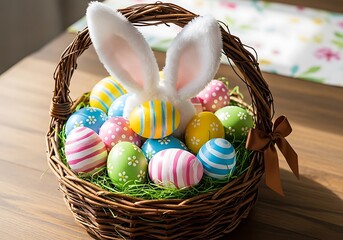 Festive Easter basket overflows with colorful painted eggs and bunny ears.