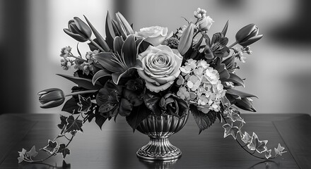 Elegant flower arrangement with roses and tulips in a silver urn.