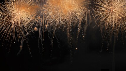 Vibrant golden fireworks exploding against a dark night background