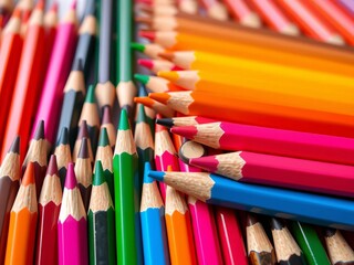Fototapeta premium A collection of sharpened colored pencils, vibrant hues arranged in a neat row, perfect for art projects, art, school