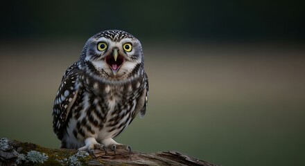 Little owl with open beak expresses surprise on weathered branch.