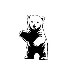 Cute black and white illustration of a baby bear cub standing on its hind legs with one paw raised. © Maulana