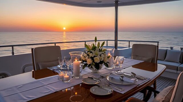 Luxury sunset dinner setting on a yacht with ocean view, featuring elegantly set table with flowers, candles, and fine dining tableware, reflecting tranquility and elegance at sea.