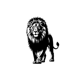 Striking black and white illustration of a majestic male lion with a full mane, standing and looking forward with a powerful gaze.