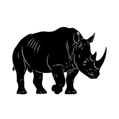Fototapeta premium A black silhouette illustration of a rhinoceros with white outlines, depicting its powerful form and distinctive horns.