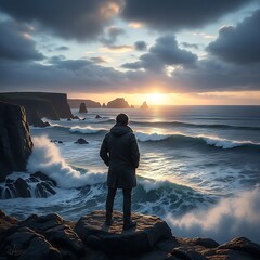Person watches waves crash against cliffs at sunset.