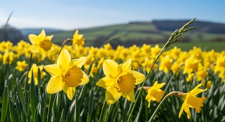 Fototapeta premium Bright yellow daffodils bloom vibrantly in a sunlit field under a clear blue sky.