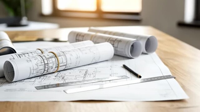 Architectural Blueprints and Technical Drawings Spread on a Drafting Table: An Overview of Design Plans for Construction and Engineering Projects