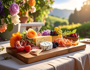 Wooden board of gourmet food, flowers, and natural background