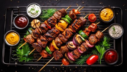 grilled skewers of meat vegetables and various ingredients are presented on a rack with sauces fresh herbs and vibrant colors