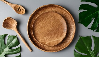 eco friendly flat lay with wooden tableware and monstera leaves on a gray backdrop