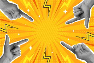 Pop art comic background with halftone pointing hands. Retro style collage. Vector illustration