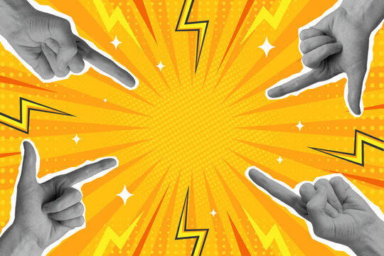 Pop art comic background with halftone pointing hands. Retro style collage. Vector illustration