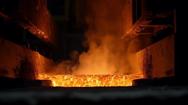 Medium shot of hightemperature electrolytic cell glowing with intense heat as alumina is converted into molten aluminum in industrial smelting process.