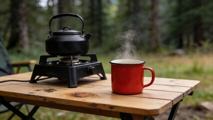 A steaming red mug sits on a wooden camping table with a black kettle boiling on a portable gas stove in a forest.