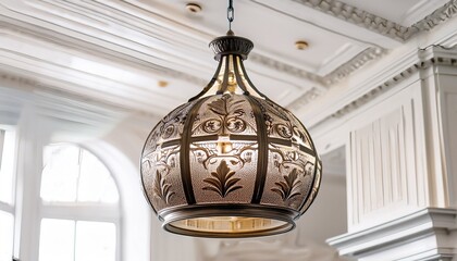 an ornate intricately detailed metal pendant lamp suspended against a stark white ceiling radiating an antique and regal aura