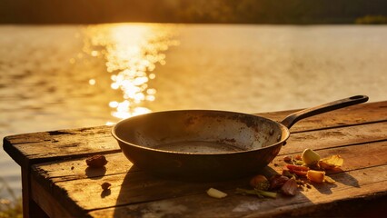 An empty frying pan rests on a rustic wooden table by a lake during a golden sunset with food scraps scattered around.