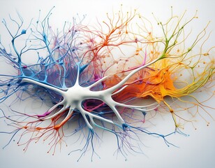 white neuron with colorful branching dendrites isolated on a white background