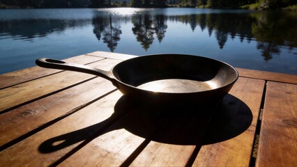 A cast iron skillet rests on a sunny wooden pier or table overlooking a clear blue mountain lake with forest reflections.