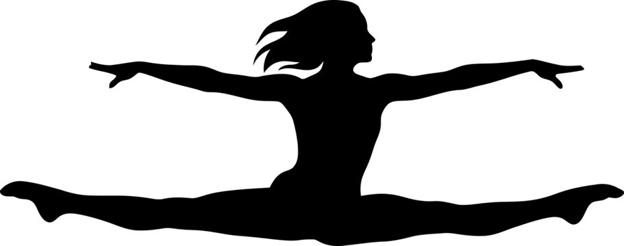 Woman performing a split in mid-air with outstretched arm. Gymnastics, dance, yoga, and fitness concept. Silhouette vector illustration