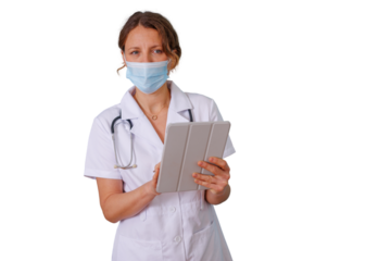 Medical professional wearing a surgical mask and stethoscope, holding and interacting with a digital tablet