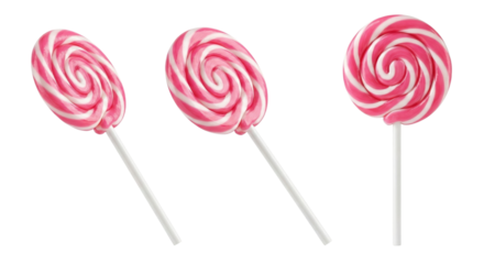 Delightful trio of pink and white swirled lollipop candies with glossy finish isolated on