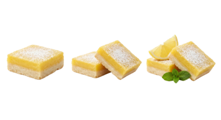 Delicate lemon-flavored cake slices with fresh lemon peel and mint leaves isolated on transparent