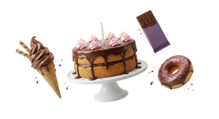 Delicious assortment of desserts including cake ice cream bar and donut isolated on transparent