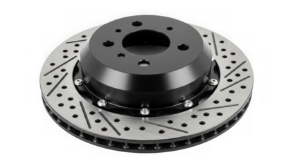 High performance slotted brake rotor disc for automotive braking system isolated on transparent background