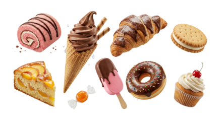 assorted sweet and savory baked goods and desserts arranged on isolated transparent background