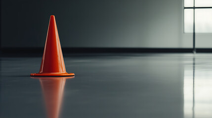 Traffic Cone, Orange cone on polished concrete floor, indoor scene with window in background, safety concept, construction zone, obstacle, be aware, danger, warning, caution, traffic, bright color