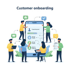 Diagram of customer onboarding flow on smartphone with people interacting