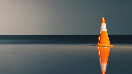 Vivid orange traffic cone with white strip stands on a reflective surface, minimal backdrop emphasizes isolation and safety awareness. Safety first concept.