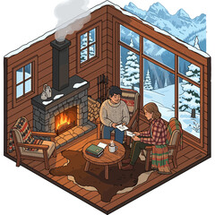 Cozy Winter Cabin Retreat with Couple Reading by Fireplace