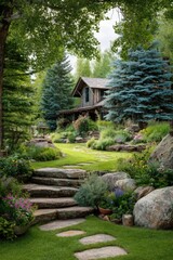 Beautiful garden with stone pathway leading to a wooden house surrounded by trees and flowers in a sunny outdoor setting
