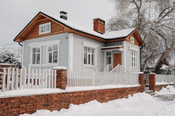 A serene winter scene unfolds as a blanket of snow envelops a charming white wooden house topped with a brown roof, showcasing a cozy front porch along a tranquil street