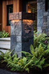 Modern stone pillar with lighting and surrounding ferns located at a contemporary residence during evening hours in a suburban setting