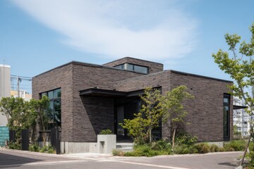 Modern house design with unique exterior and greenery visible in urban setting during daytime, showcasing architectural features in sunny weather