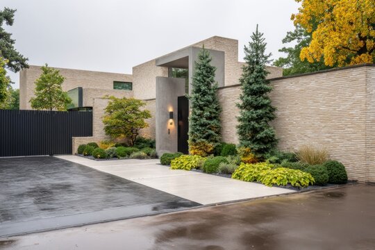 Modern house with brick wall and landscaped garden in a suburban area on a rainy day showcasing trees and shrubs near the driveway