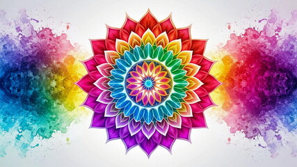 A large rainbow mandala on a white field surrounded by splashes of paint