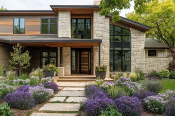 Garden with purple flowers leads to modern house with large windows and stone exterior located in a green area on a sunny day