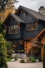 A contemporary black house featuring elegant wooden trim, nestled in a suburban environment, is framed by lush trees and a beautifully landscaped garden on a cloudy day