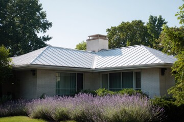 A charming house featuring a sleek metal roof sits in a suburban neighborhood, adorned with blooming lavender plants in front, all basking under the warm afternoon sunlight and a clear blue sky