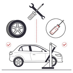 Naklejka premium Vehicle maintenance and repair illustration featuring tools tires and a car on a lift for servicing
