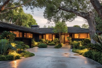 Modern house surrounded by trees and plants during evening light with warm interior illumination located in a quiet neighborhood, inviting atmosphere with well-kept path and landscape